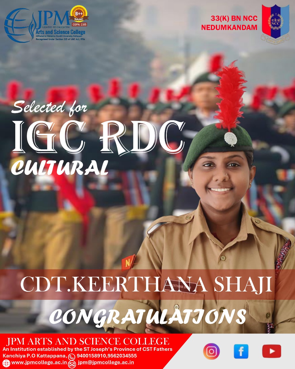 Congratulations CDT. Keerthana Shaji | Selected for IGC RDC Cultural | JPM Arts & Science College